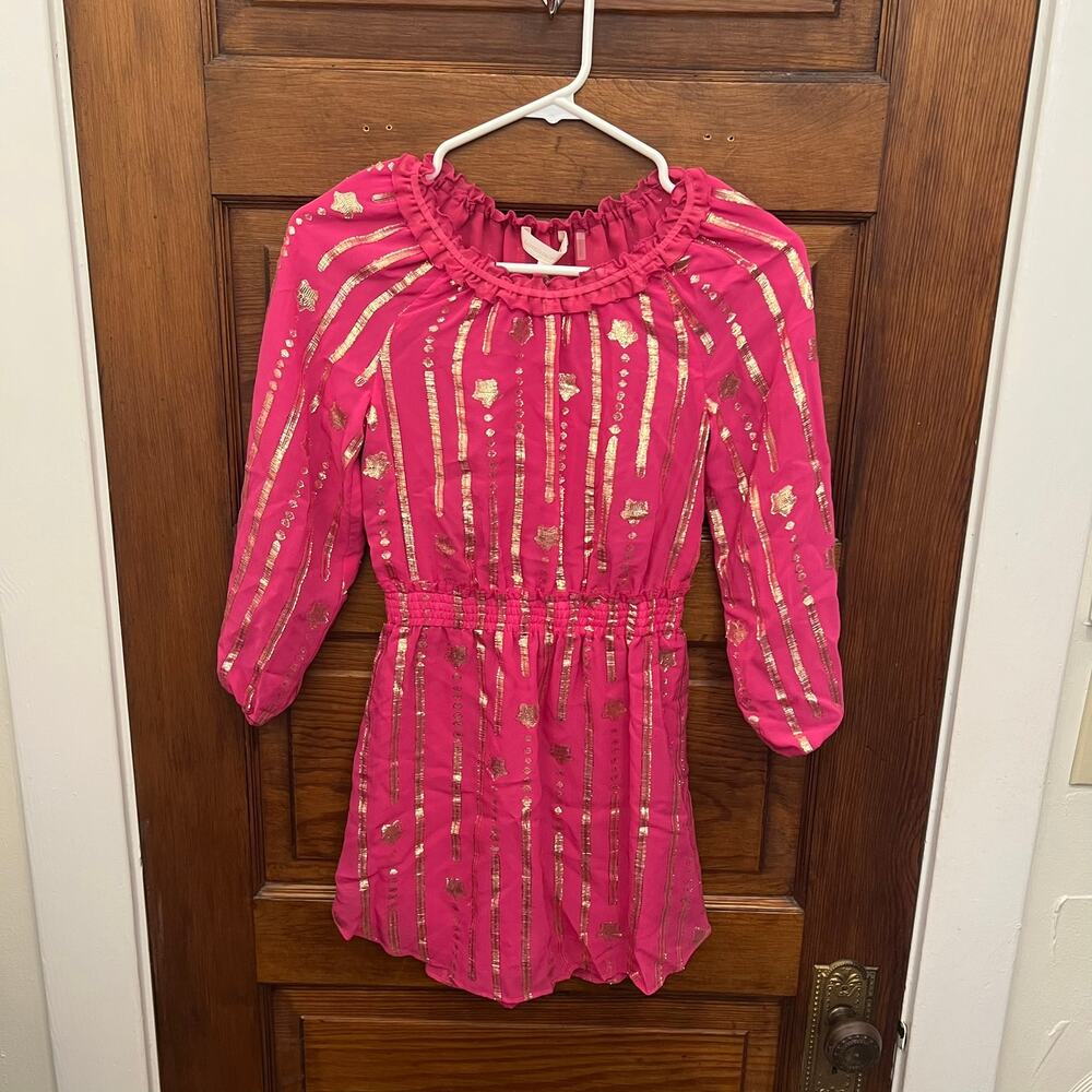LoveShackFancy Mini Popover Dress Very Berry Girls 10Y Hot Pink Gold NWT's $175